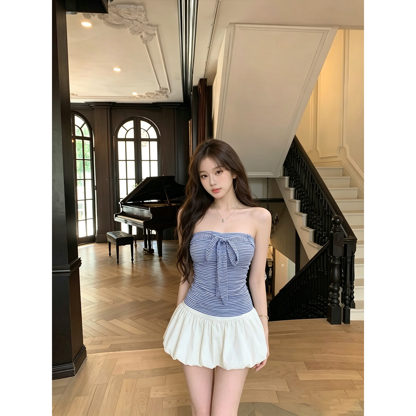 专柜正品韩系假两件抹胸连衣裙女夏季纯欲风辣妹收腰显瘦花苞短裙