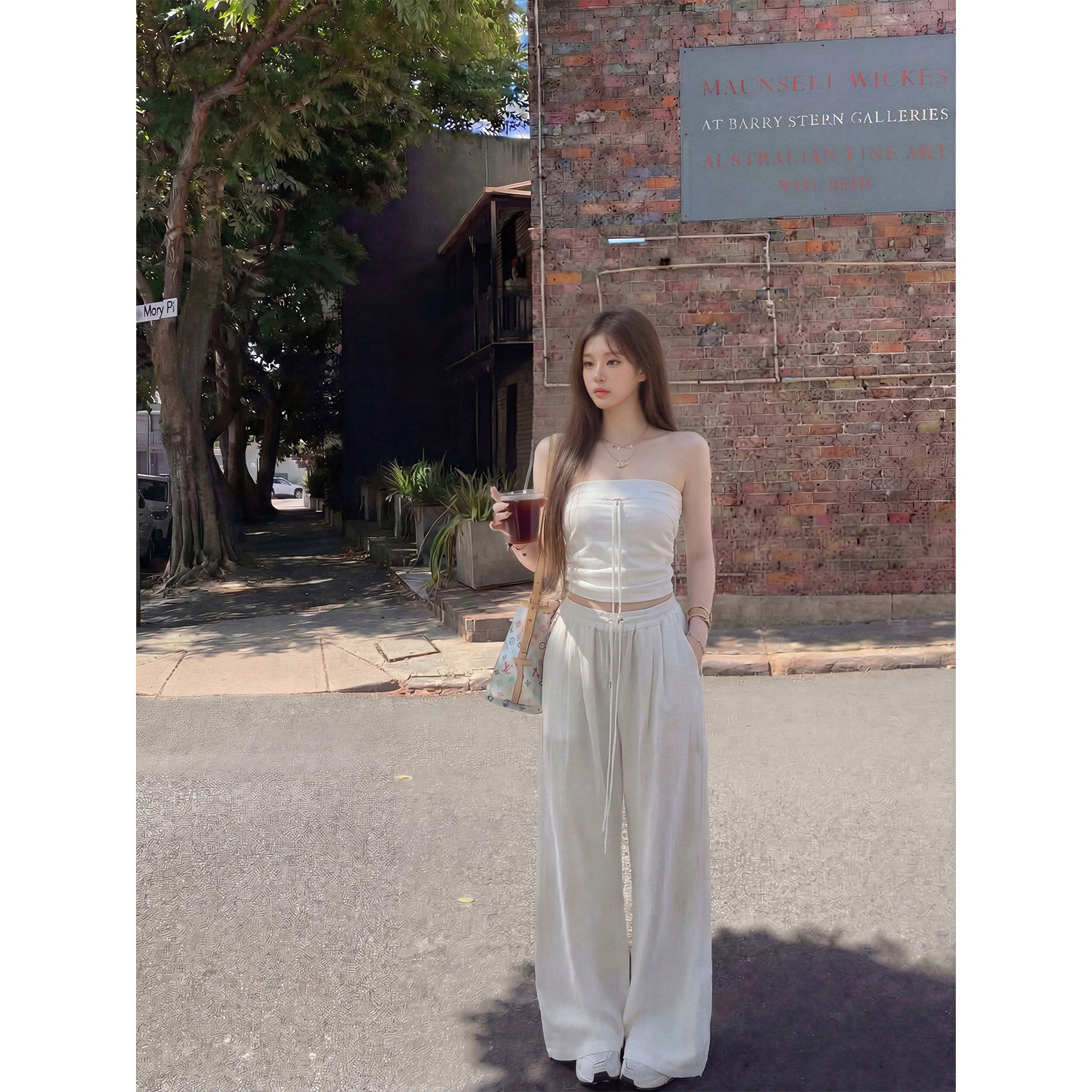 十三行正品美式辣妹休闲套装女夏季无袖抹胸背心上衣阔腿长裤两件