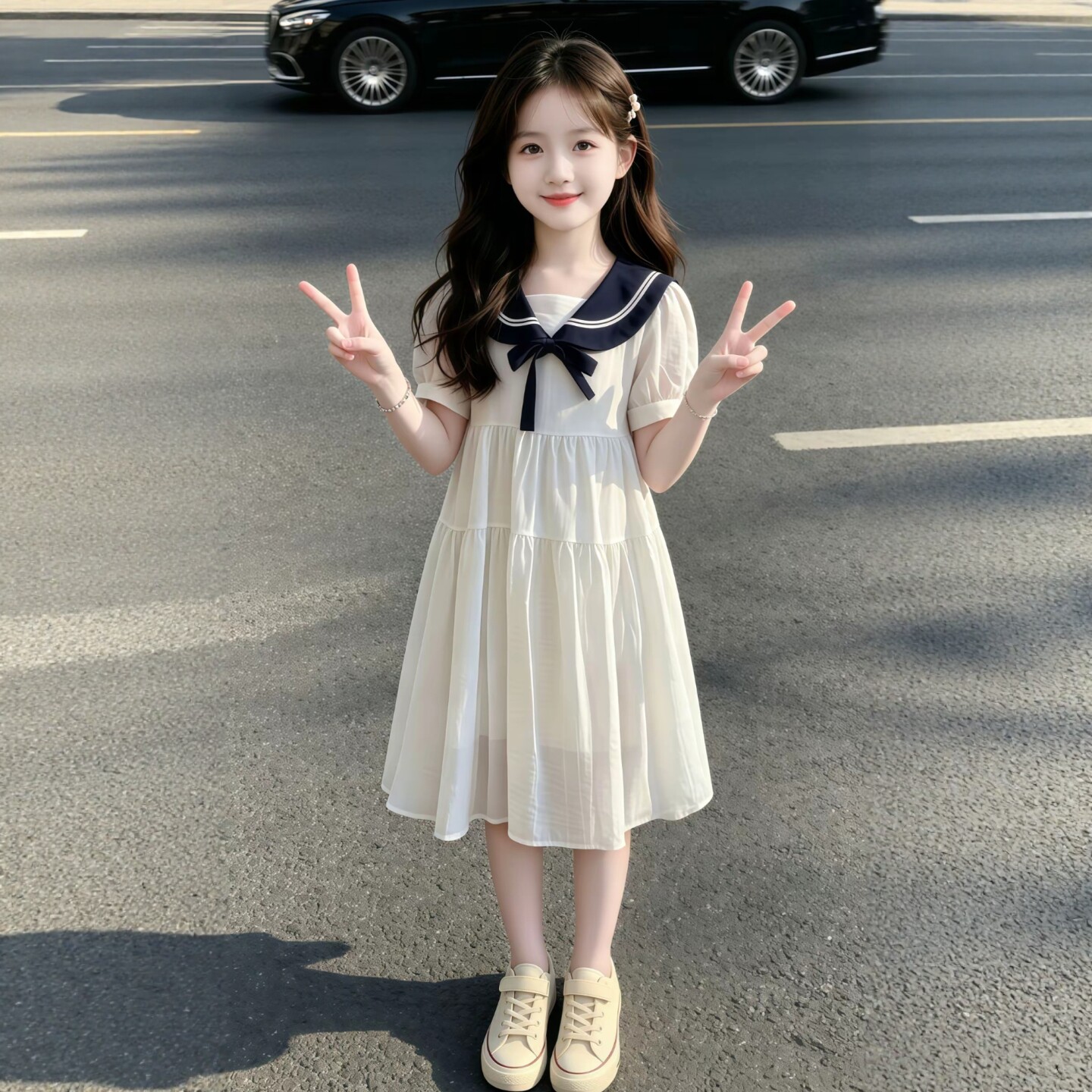 专柜正品韩版女童海军领连衣裙夏季甜美公主裙中长裙洋气