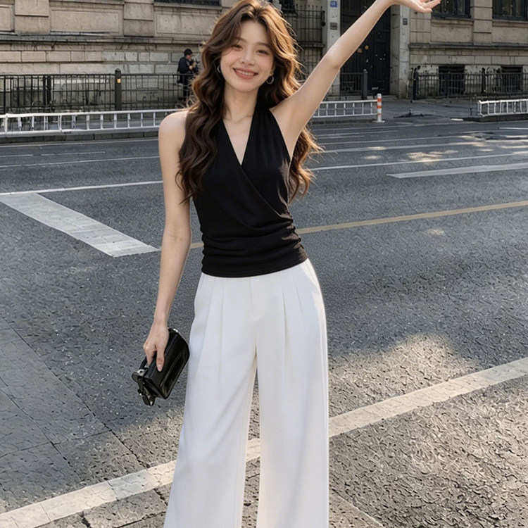 专柜正品法式气质老钱风白色高腰显瘦阔腿休闲西装裤女夏设计感绝