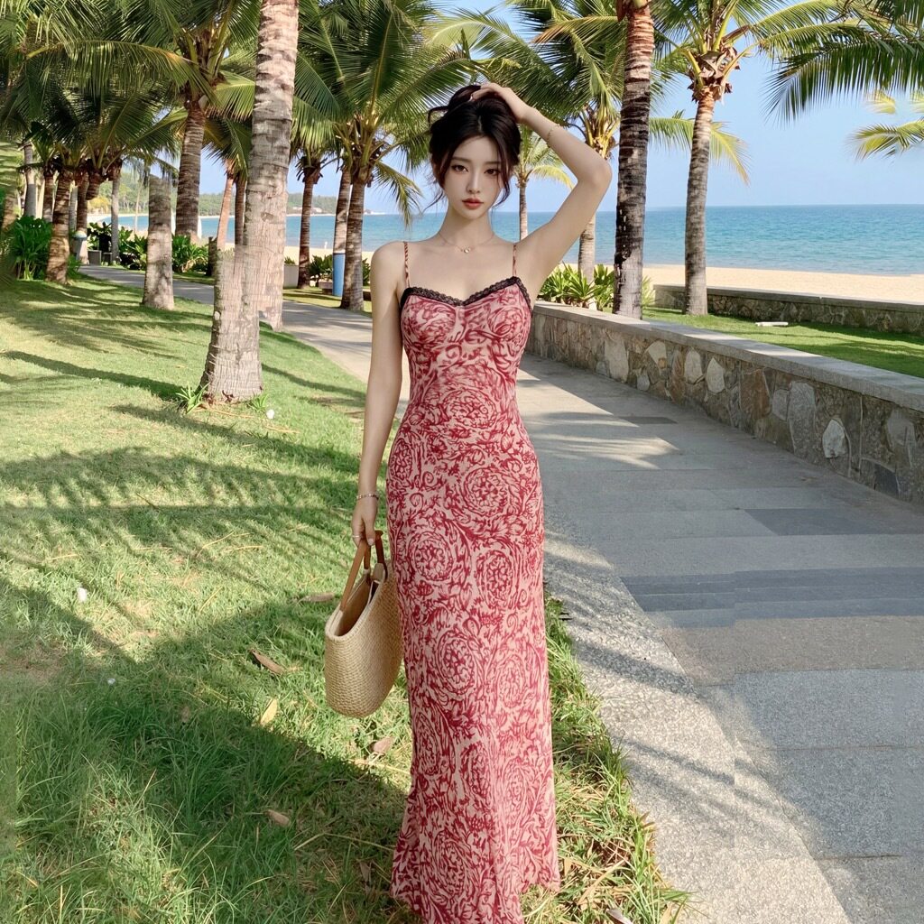 专柜正品原创蕾丝撞色碎花吊带长款连衣裙女夏修身显瘦长裙 印花