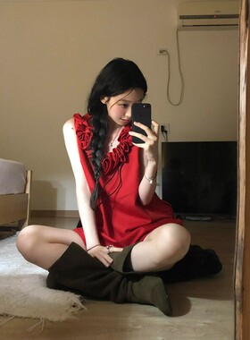 十三行正品法式红色扭结玫瑰花背心连衣裙女夏季设计感小众宽松显