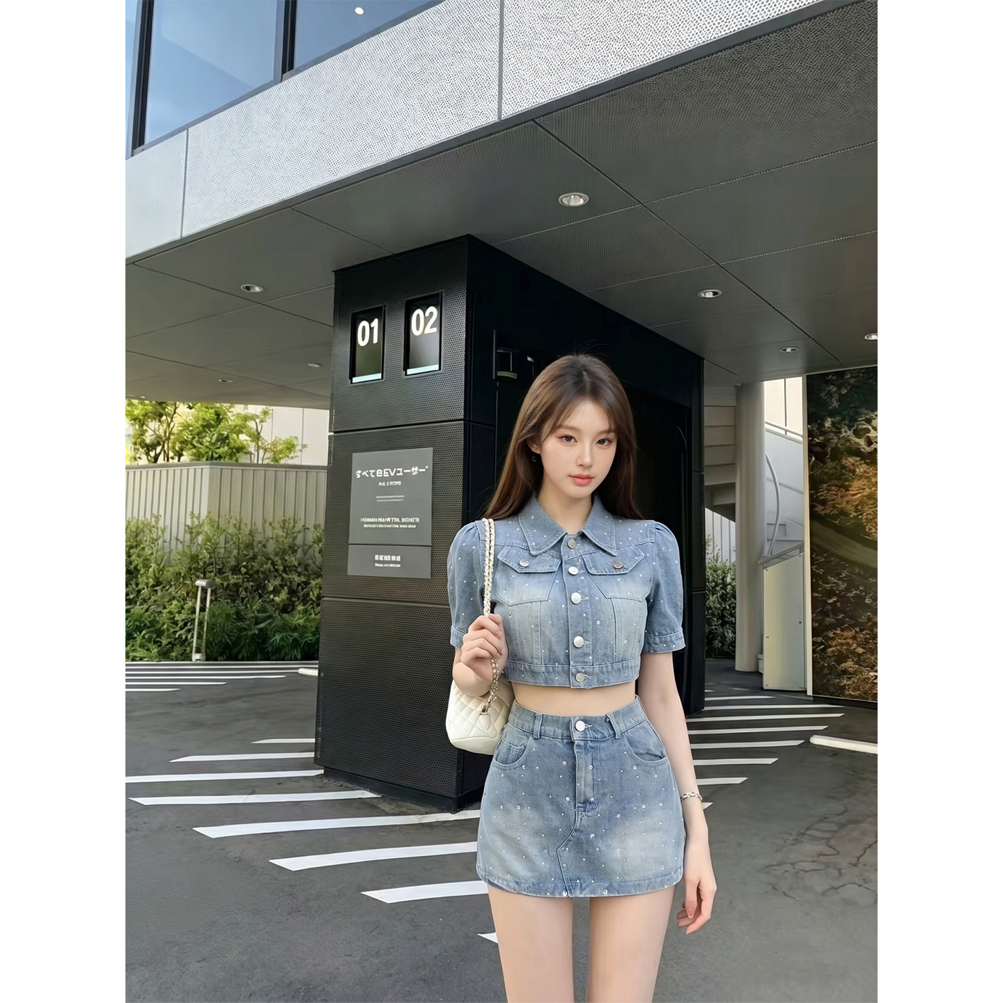 专柜正品韩系烫钻牛仔套装裙女夏季短袖牛仔短外套高腰短裙两件套