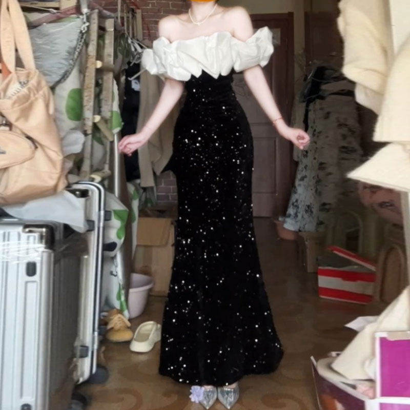 十三行正品高端精致礼服裙赫本风高级感一字肩紧身包臀鱼尾丝绒连
