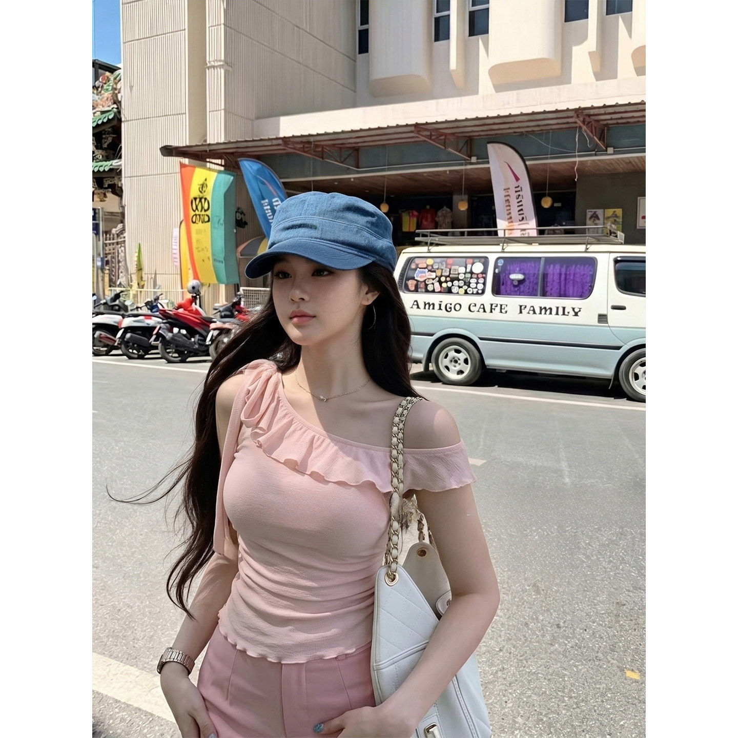 专柜正品法式荷叶边短袖t恤女夏季纯欲风辣妹修身显瘦绑带斜肩上