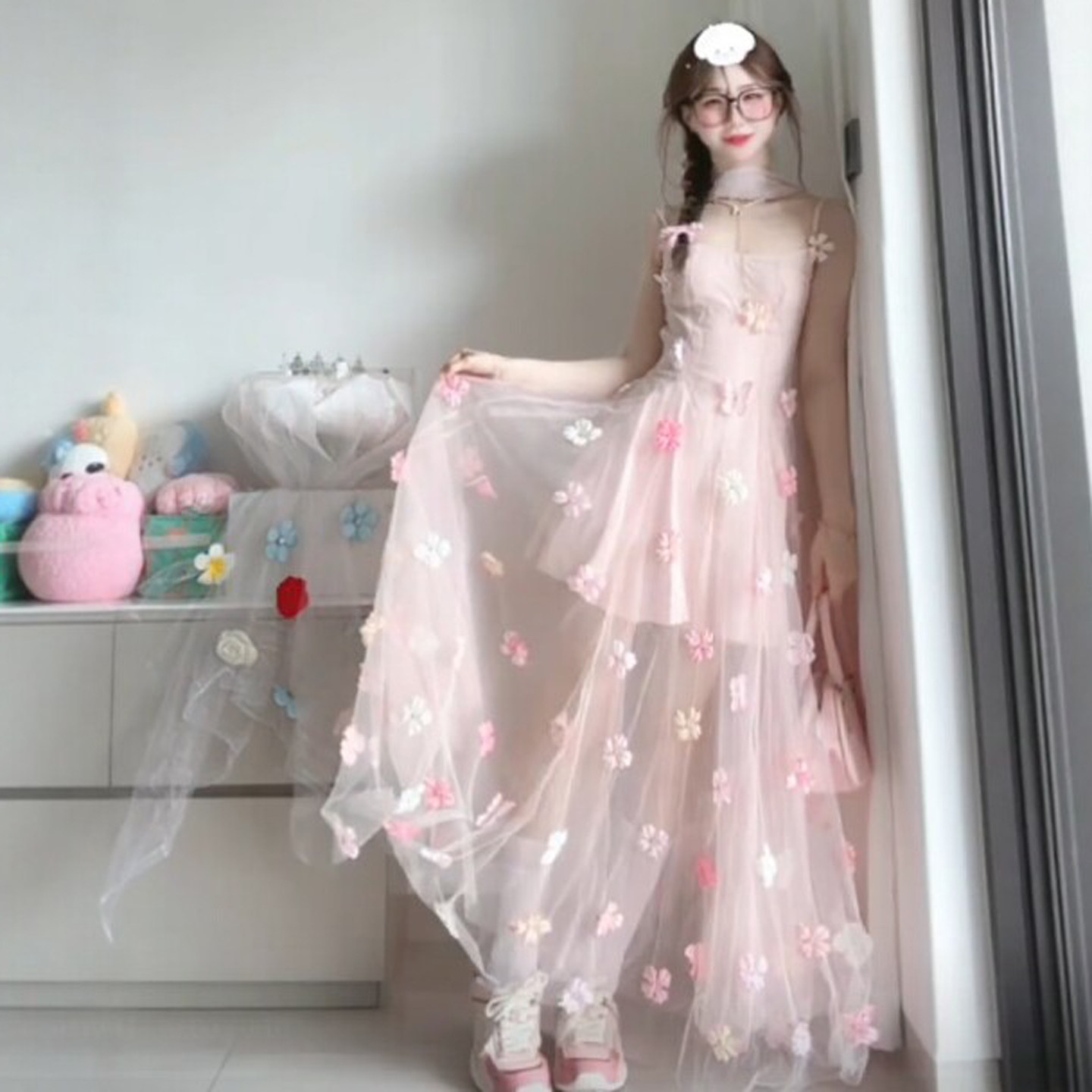 专柜正品温柔系穿搭独特超好看的花朵仙女吊带连衣裙绝美漂亮裙子