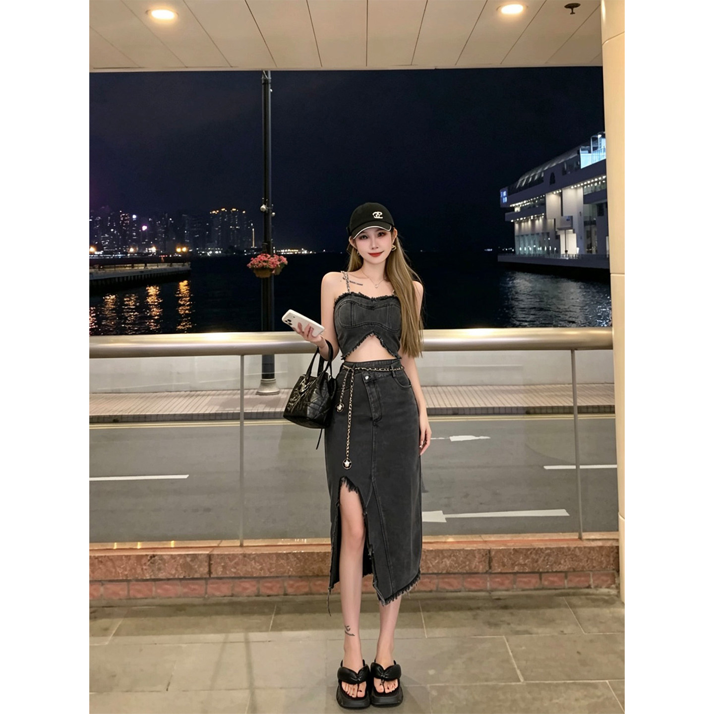 专柜正品酷辣风牛仔抹胸套装裙女夏季短款吊带开叉半中长裙两件套