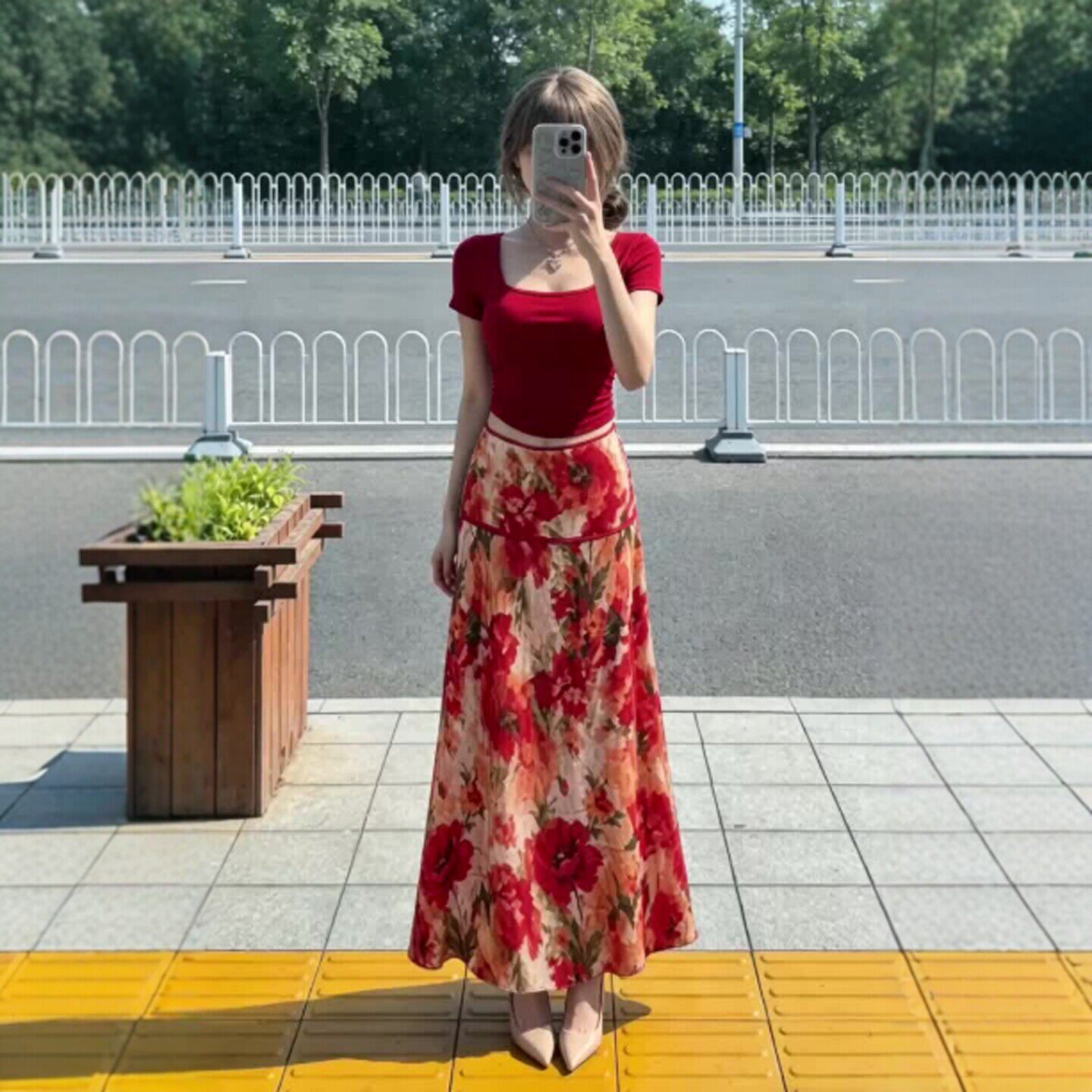 专柜正品复古独特超好看红色上衣印花半身裙两件套装一整套ootd穿