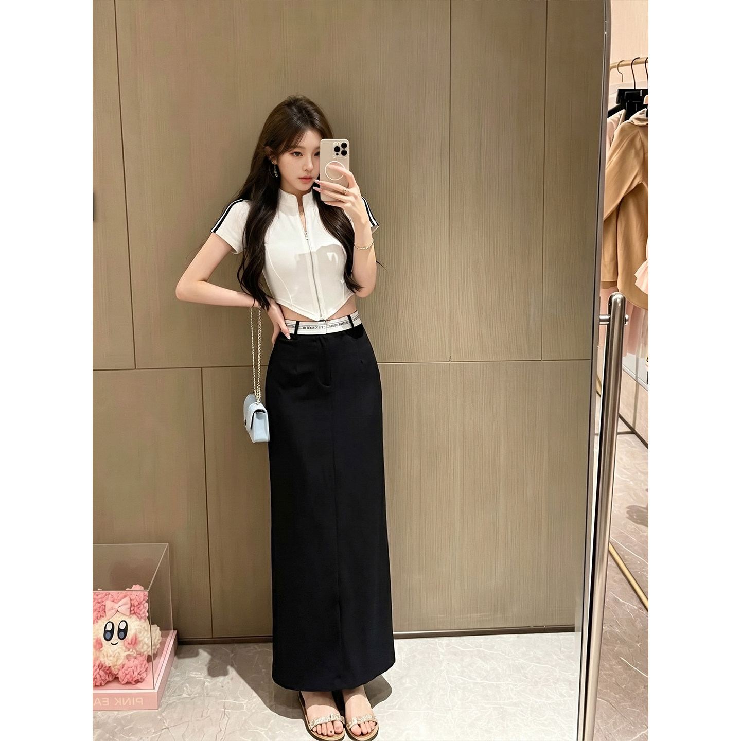 专柜正品韩系辣妹休闲套装女夏季短款修身短袖上衣包臀长裙两件套