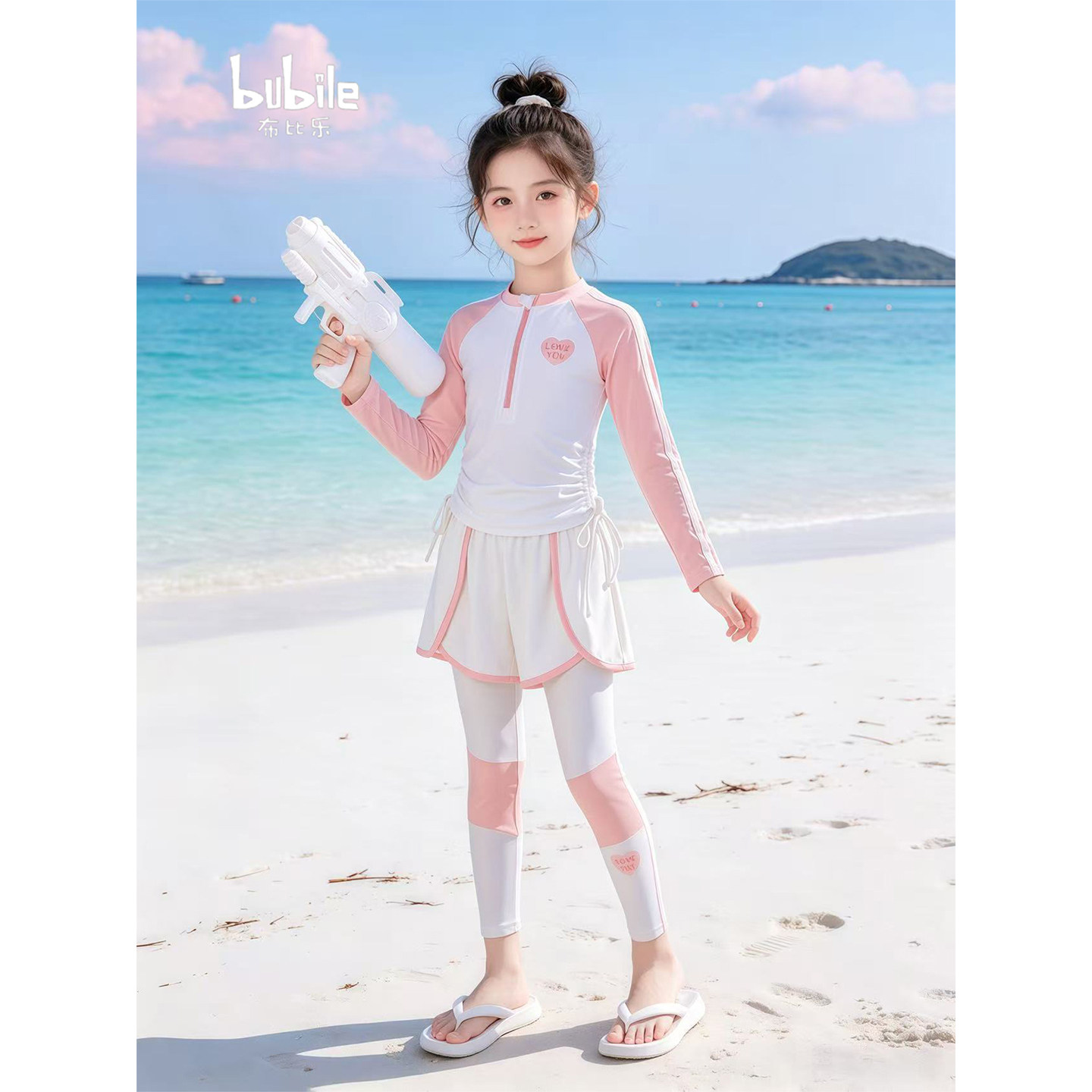 专柜正品女童保守防晒泳衣套装2026新款儿童长袖抽绳上衣防走光裙
