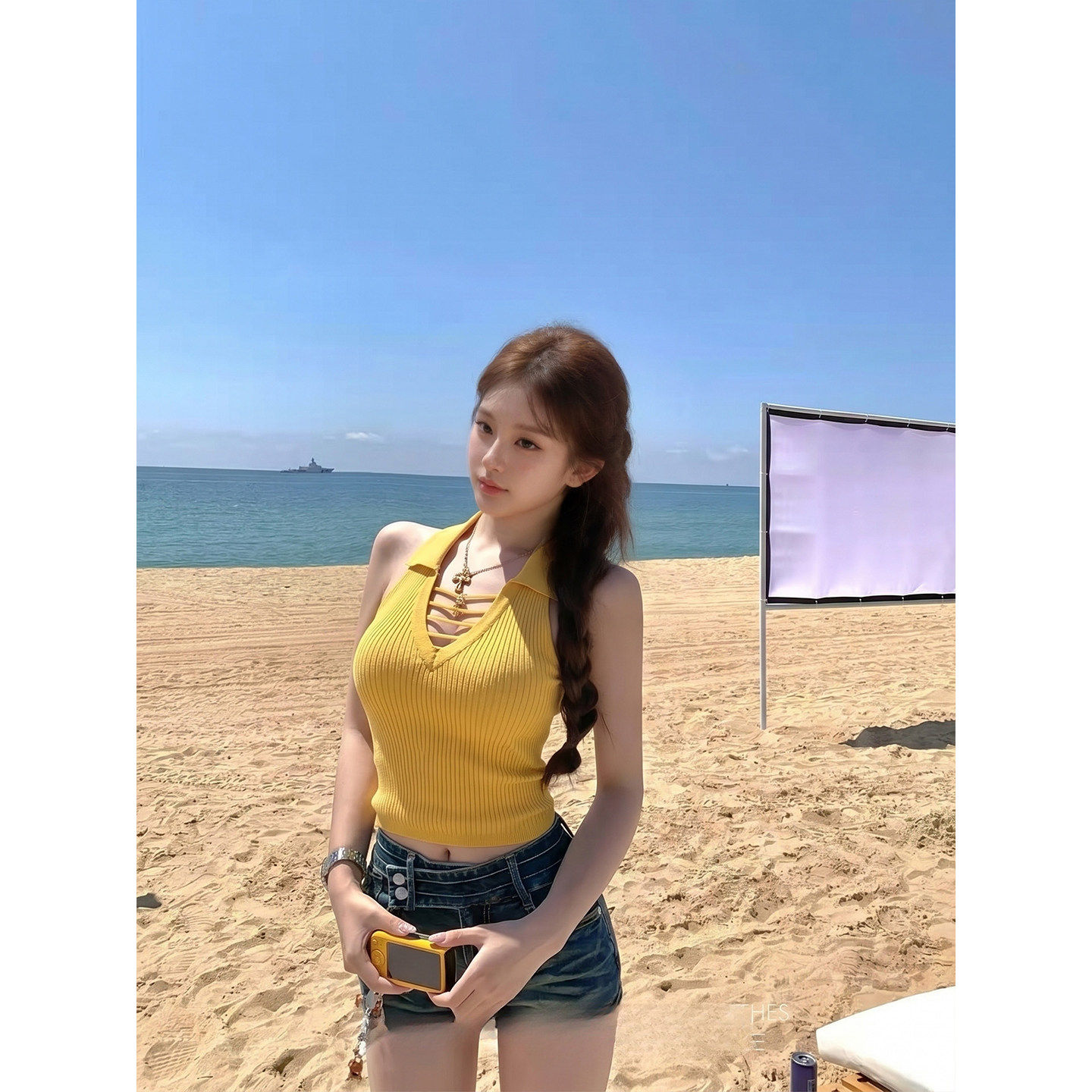 专柜正品韩系翻领针织吊带背心女夏外穿辣妹修身显瘦挂脖无袖上衣
