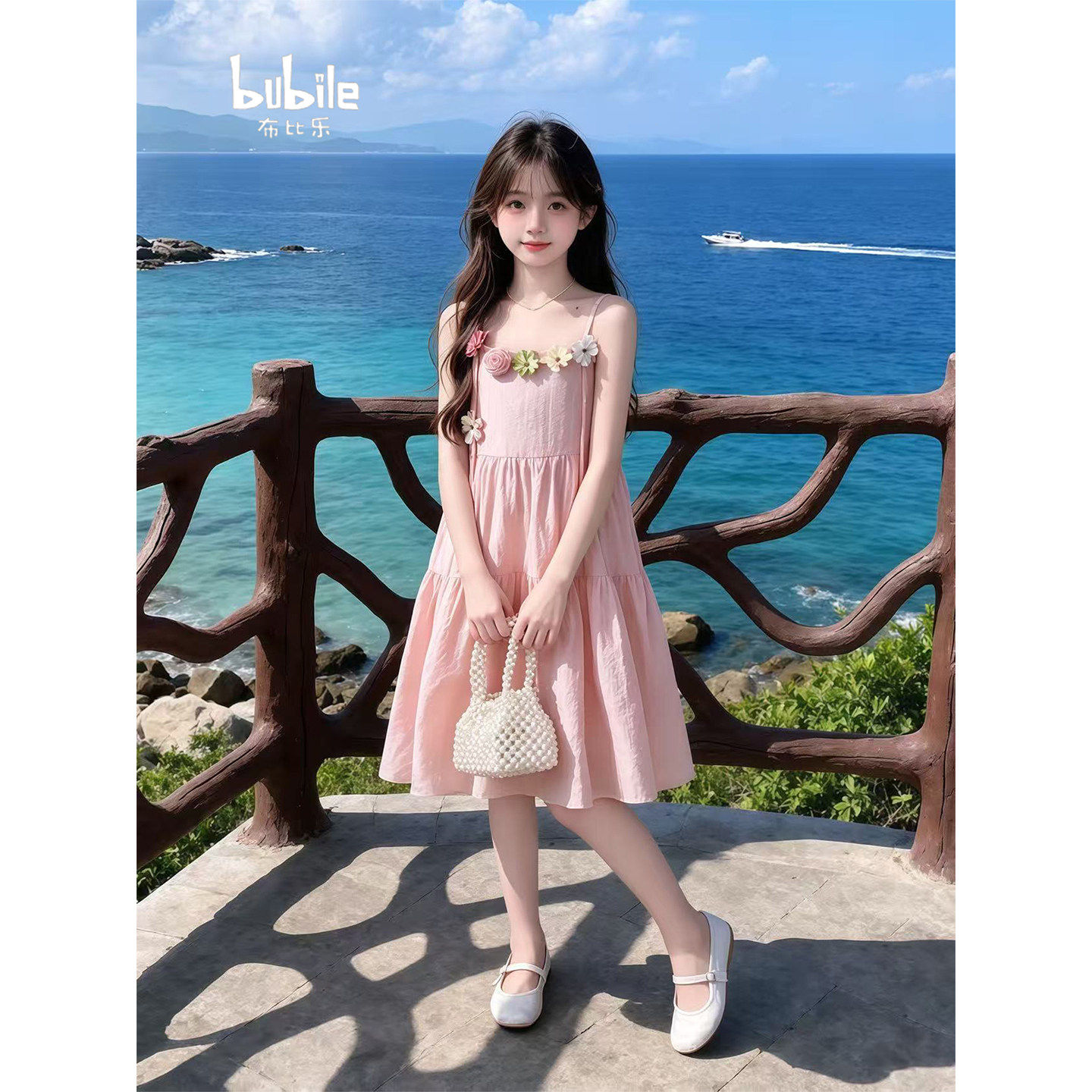 专柜正品女童海边氛围感吊带连衣裙2026新款儿童绝美立体小花宽松