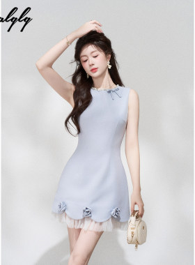 十三行正品富家千金风蓝色无袖背心连衣裙女夏法式拼接网纱生日公