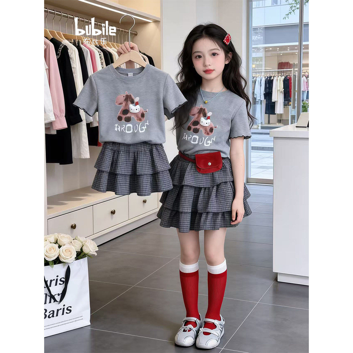 女童套装2026新款夏季小狗短袖圆领T恤上衣洋气时髦蛋糕裙两件套