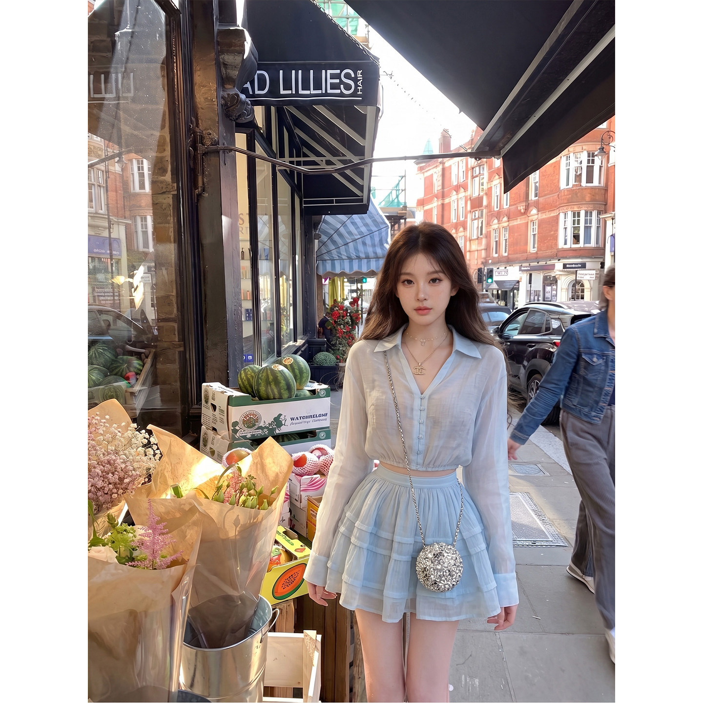 专柜正品法式温柔风套装裙女夏Polo领短款防晒衬衫蛋糕短裙两件套