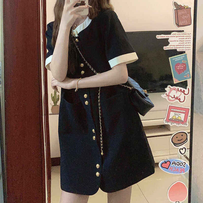 十三行正品法式高级感正肩西装小香风连衣裙子女遮肉显瘦短袖小黑