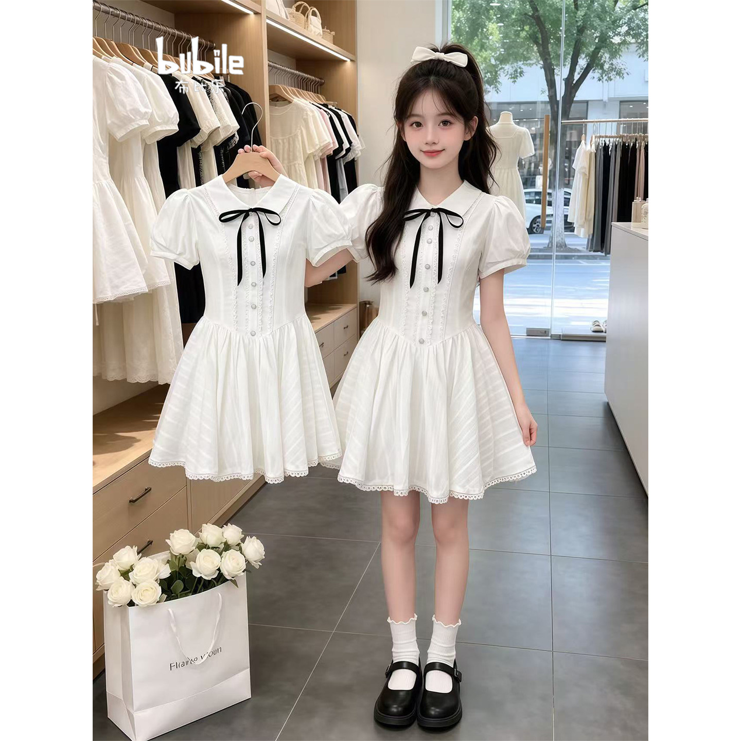 专柜正品女童学院风连衣裙2026夏季新款儿童白色蝴蝶结衬衫领短袖