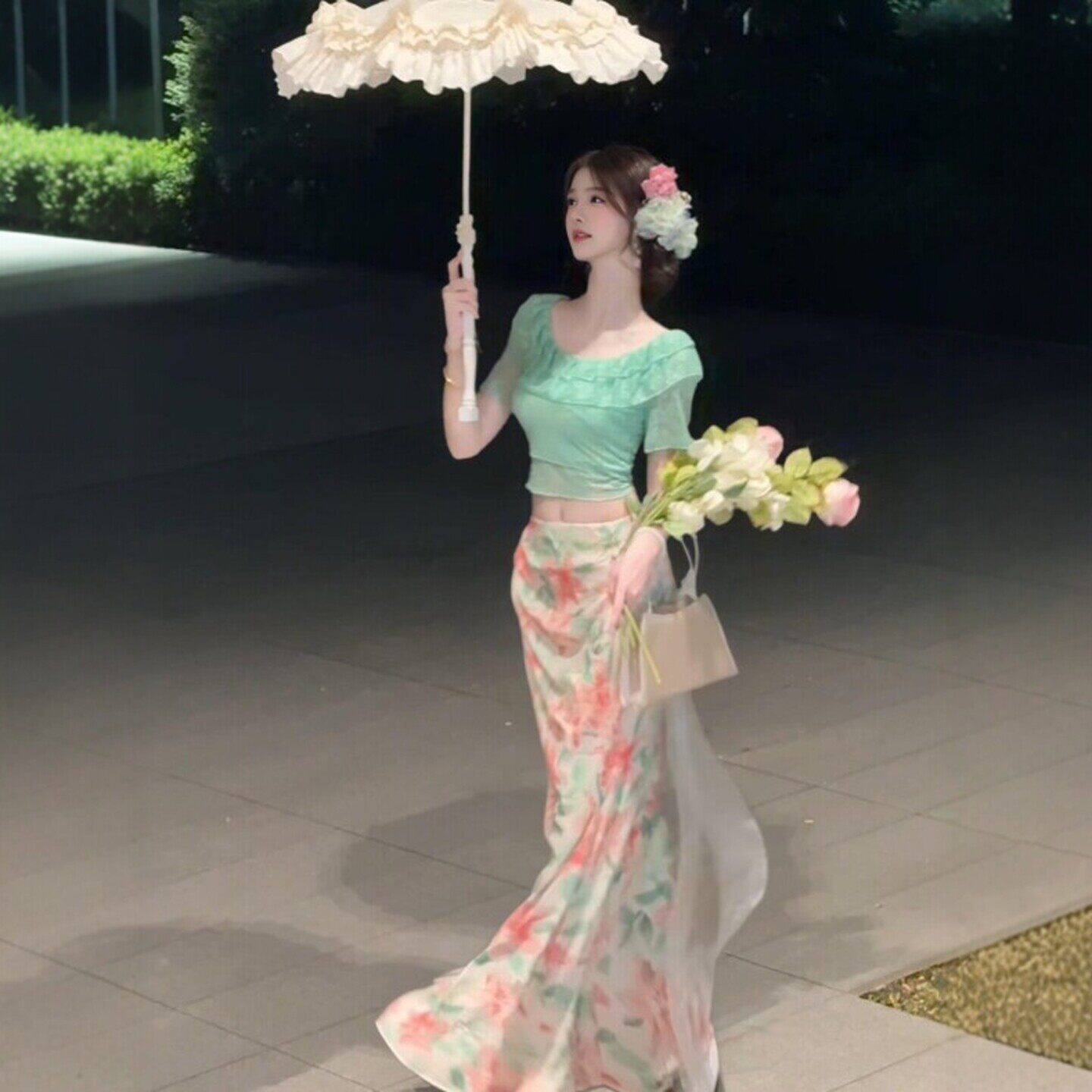专柜正品26夏日绝美小套装穿搭一整套时尚气质上衣印花半身裙超好