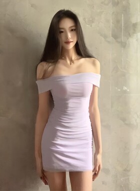 十三行正品法式紫色一字肩网纱连衣裙女夏季纯欲风性感辣妹修身收