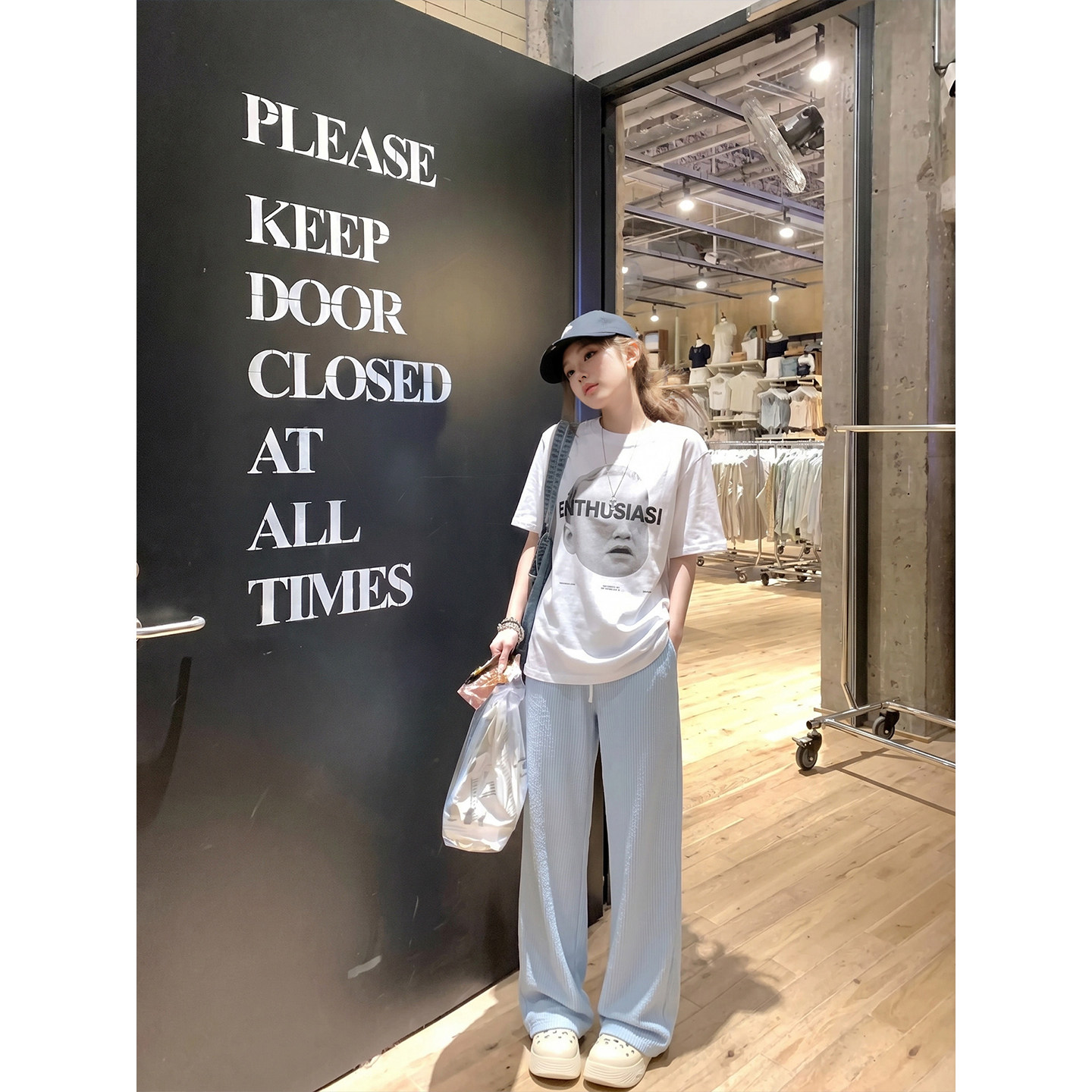 专柜正品韩系条纹直筒休闲裤子女夏季薄款高腰宽松显瘦阔腿长裤