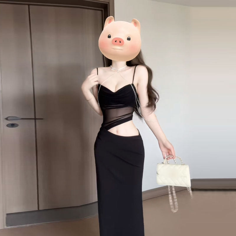 专柜正品辣妹风性感V领露腰紧身包臀长裙小众独特别致吊带洋装202