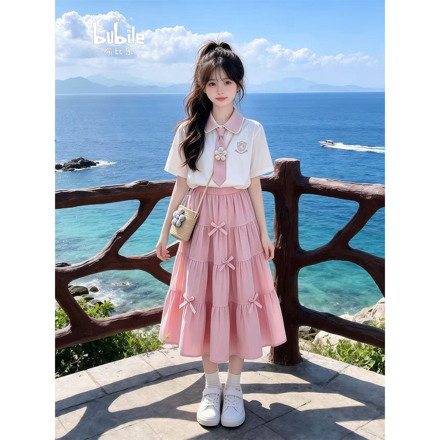 专柜正品女童学院风套装2026新款夏季儿童领带POLO衫蝴蝶结蛋糕裙