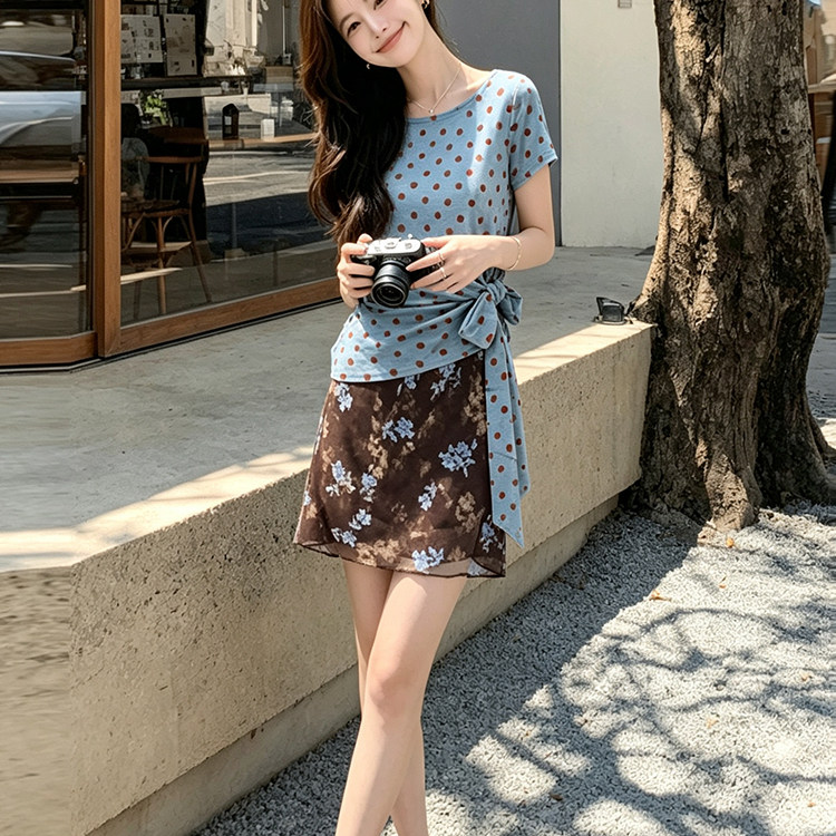 专柜正品韩系蝴蝶结撞色波点绑带短袖t恤女夏新款小个子显瘦圆领