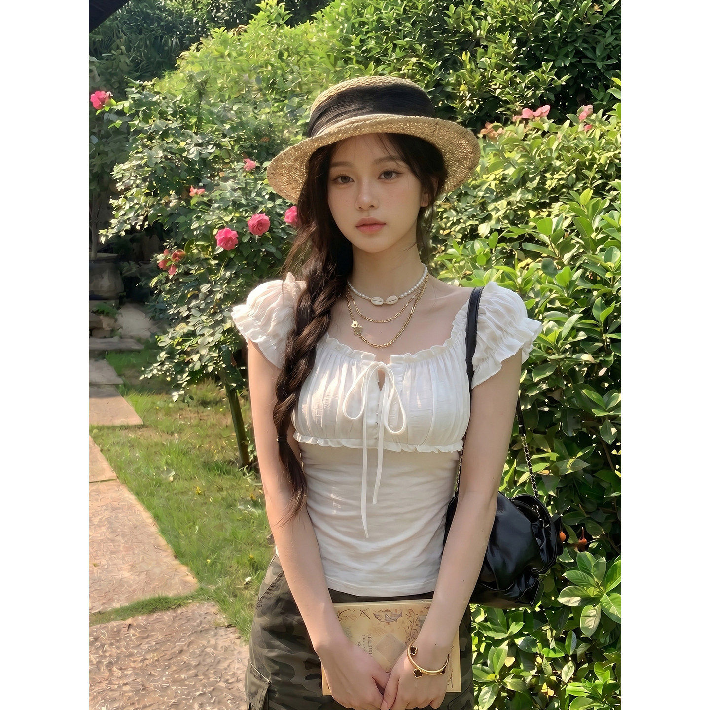 专柜正品法式方领白色衬衣女夏季泡泡袖小衫系带修身显瘦气质上衣