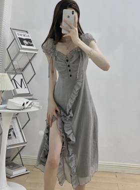 十三行正品法式别致小个子泡泡袖灰色连衣裙子女收腰气质小香风开