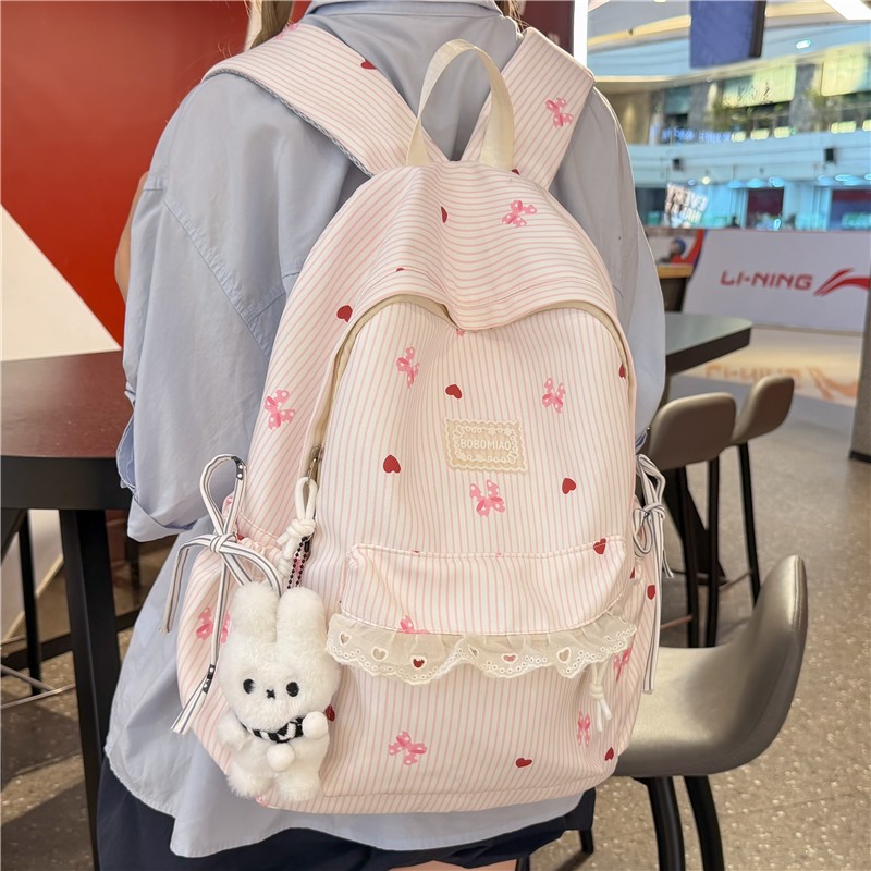 专柜正品日系ins条纹蝴蝶结少女双肩包高颜值小众设计感大容量初