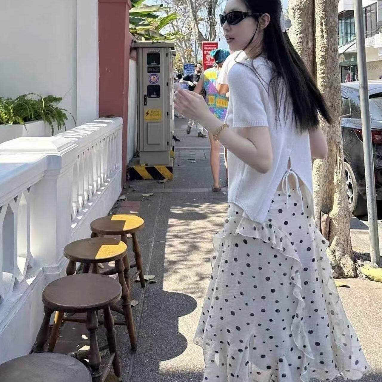 专柜正品韩国东大门春季新款超仙温柔风荷叶边波点半身裙女显瘦a