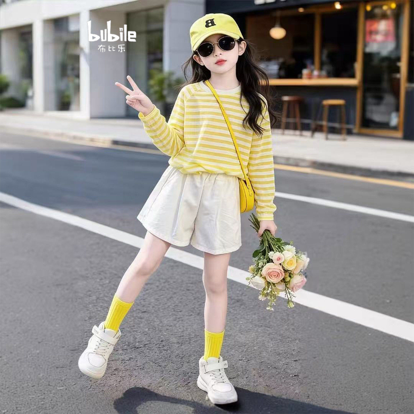 女童套装2026夏季新款洋气条纹长袖T恤短裤两件套韩版防晒套装女