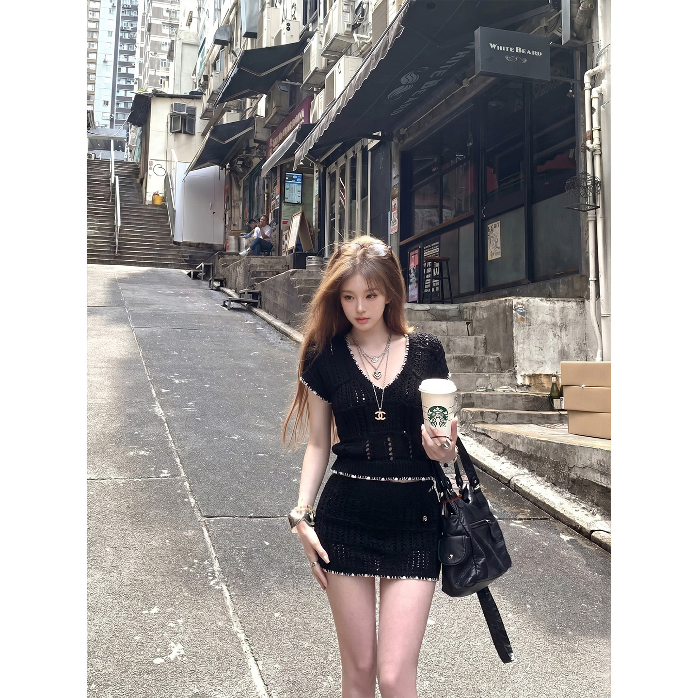 专柜正品黑色镂空针织套装裙女夏季薄款V领短袖上衣包臀短裙两件