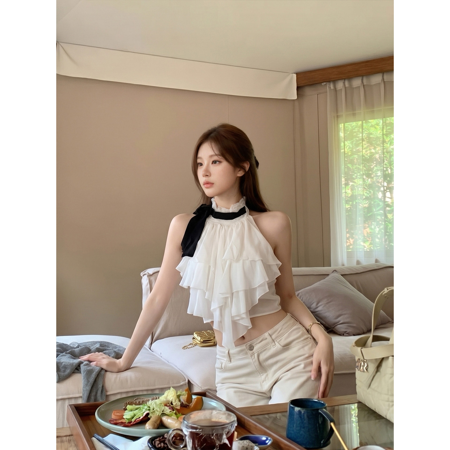 专柜正品法式挂脖荷叶边白衬衣女夏季不规则短款小衫无袖背心上衣