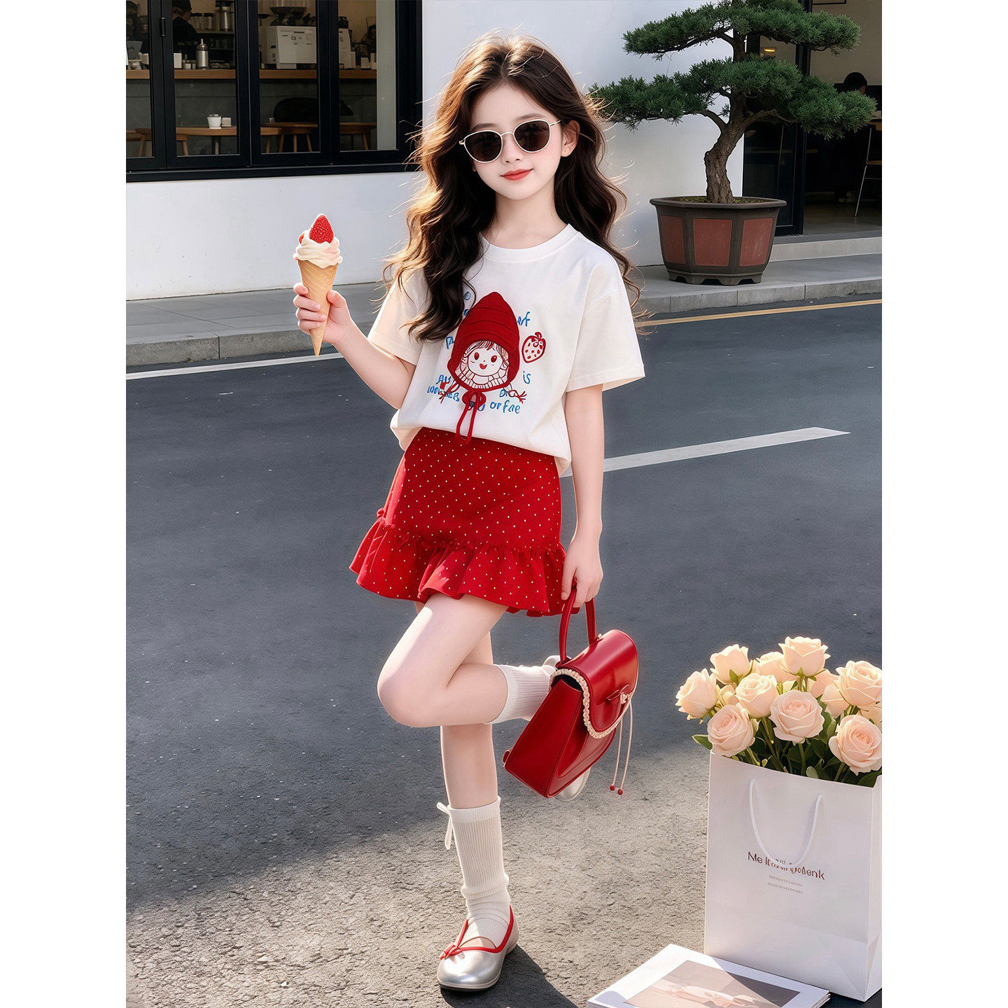 女童短袖t恤套装夏季2026新款儿童洋气上衣女大童夏装裙子两件套