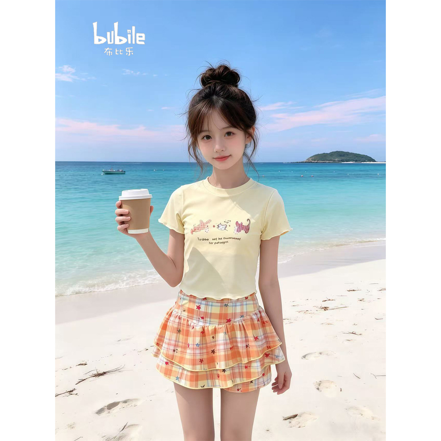 专柜正品女童分体裙式泳衣2026新款儿童印花短袖上衣防走光沙滩度