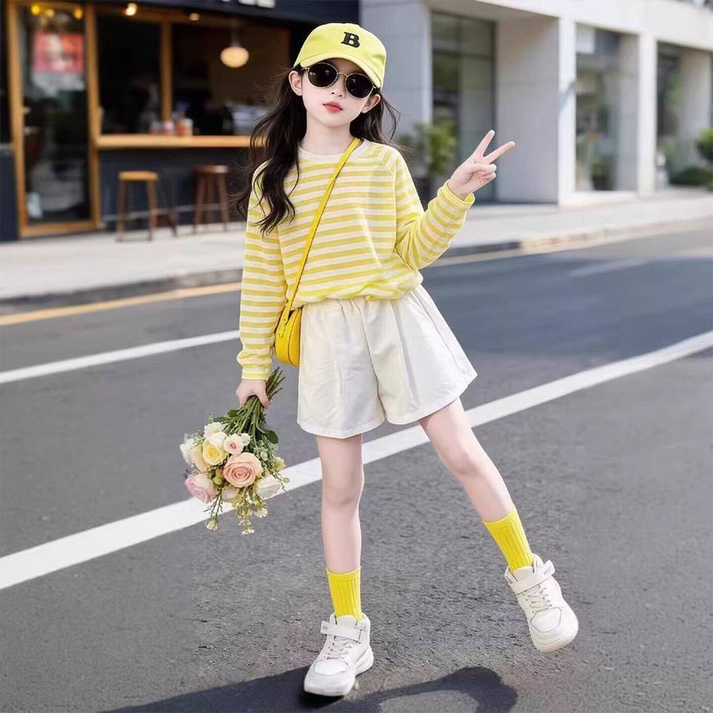 女童夏季长袖T恤套装2026新款儿童洋气时髦防晒衣夏装小女孩短裤t