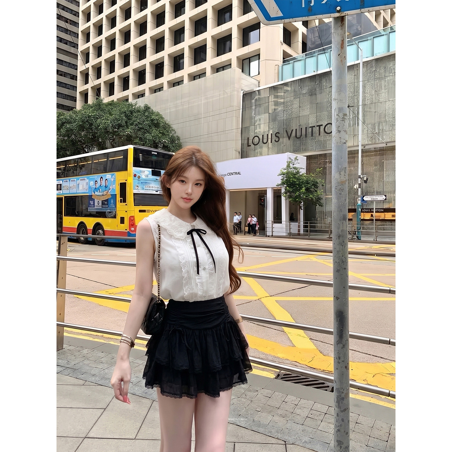 专柜正品法式气质套装裙女夏季娃娃领无袖背心衬衣蛋糕短裙两件套