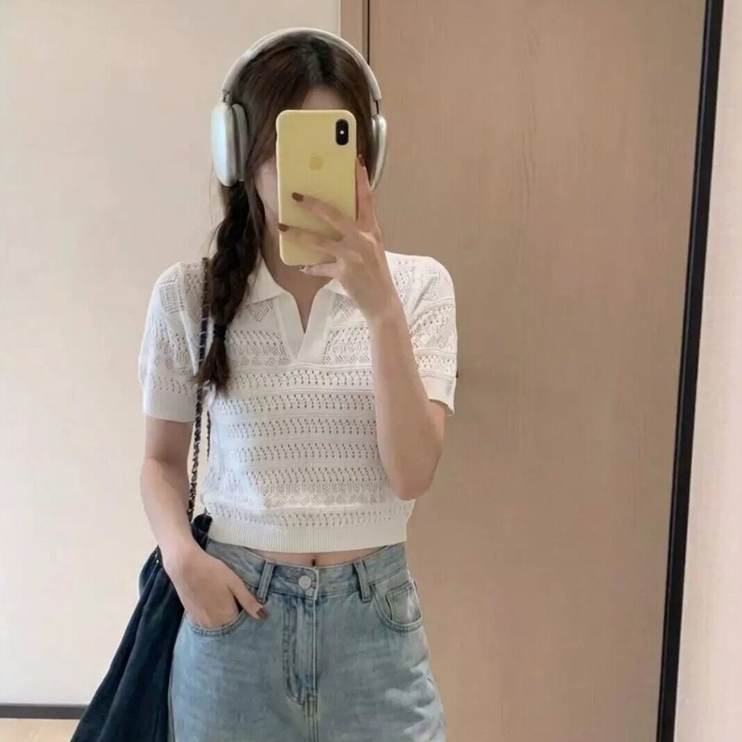 专柜正品白色镂空针织短袖t恤女夏季法式翻领松弛感独特漂亮巨好