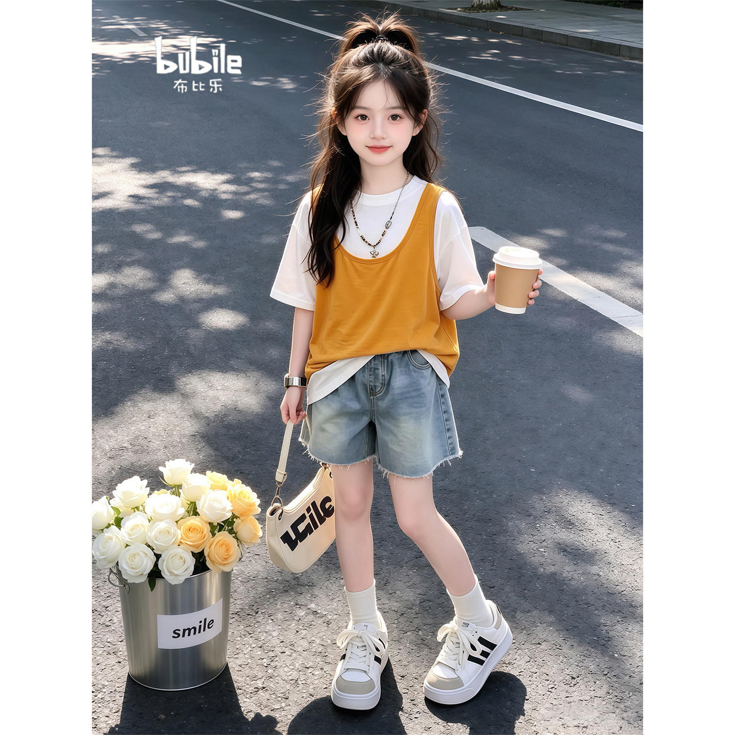 专柜正品女童夏套装2026新款儿童短袖背心短裤三件套夏装夏季女孩