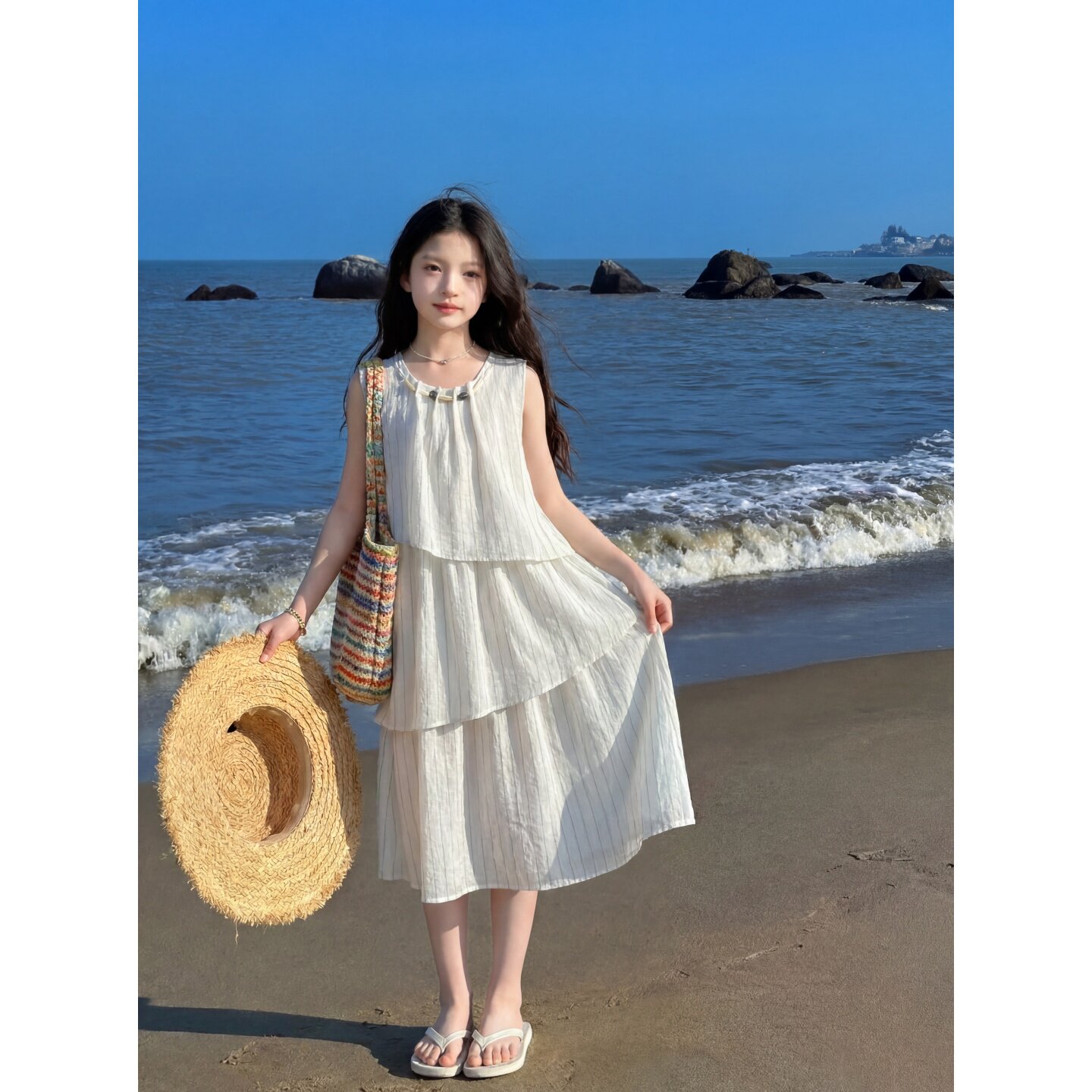 专柜正品女童夏季裙子2026新款中大童超好看沙滩裙女孩夏日洋气白
