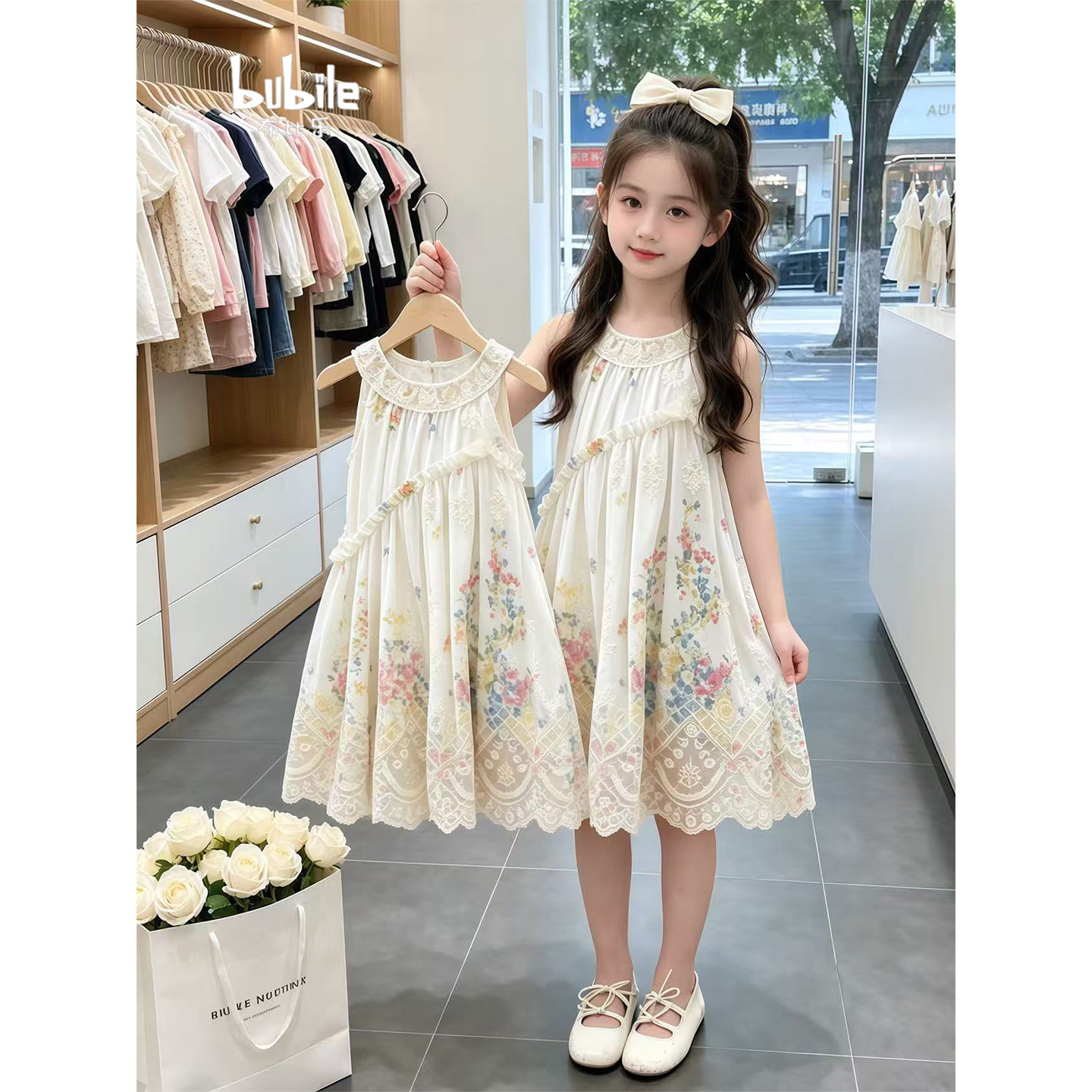 专柜正品女童夏季连衣裙2026新款田园风印花裙子无袖蕾丝公主裙中