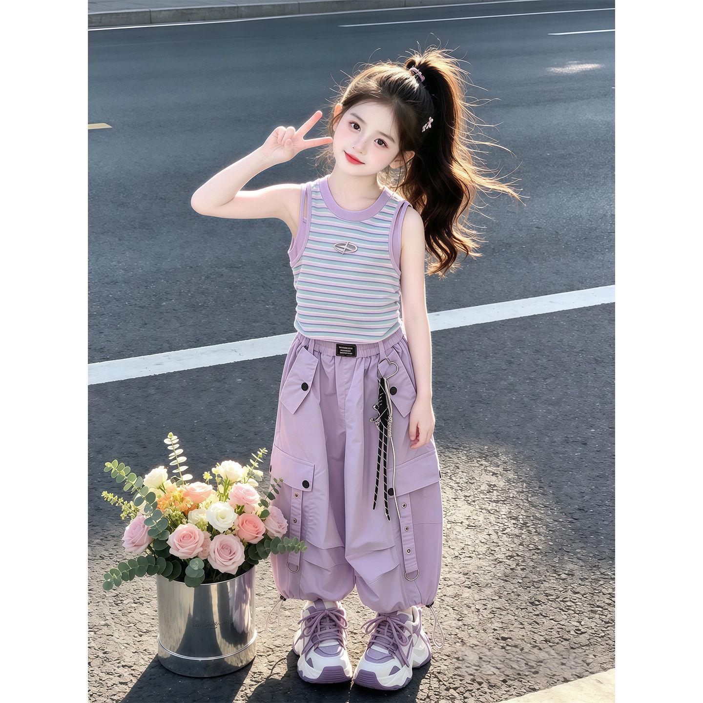 女童工装裤套装夏季2026新款儿童巨好看条纹背心夏装女大童两件套