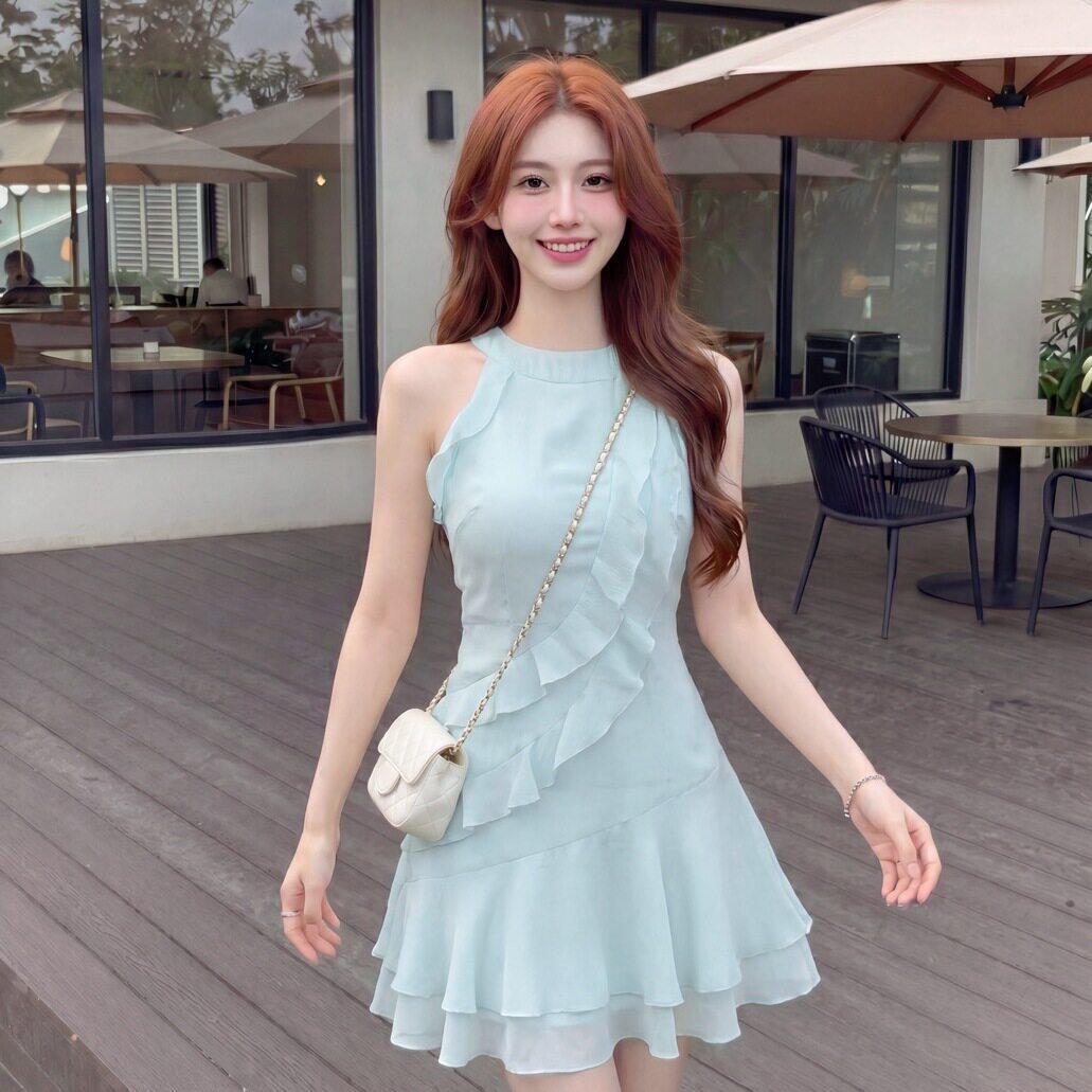 专柜正品气质显白荷叶边挖肩挂脖连衣裙女收腰法式茶歇裙夏甜美海