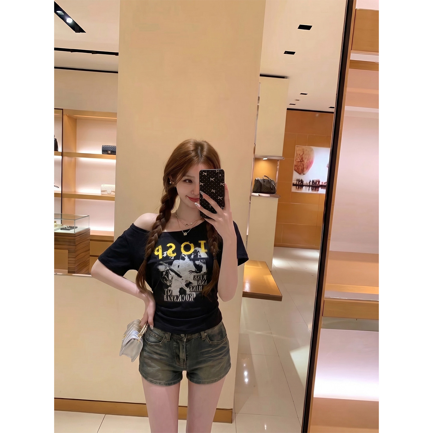 专柜正品美式印花斜肩短袖t恤女夏季辣妹短款修身显瘦百搭露肩上