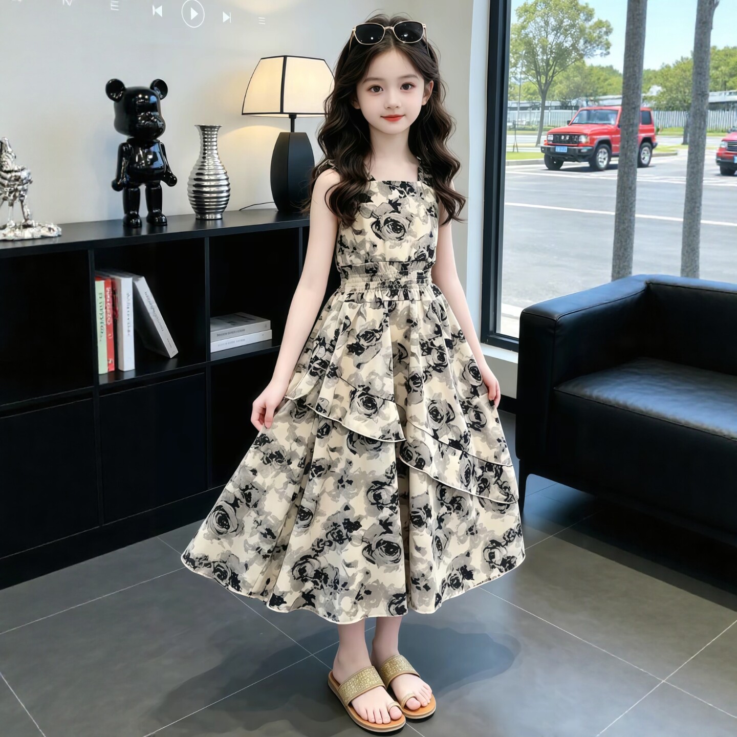 专柜正品女童无袖碎花连衣裙夏季韩版中长款收腰显瘦高级感裙子
