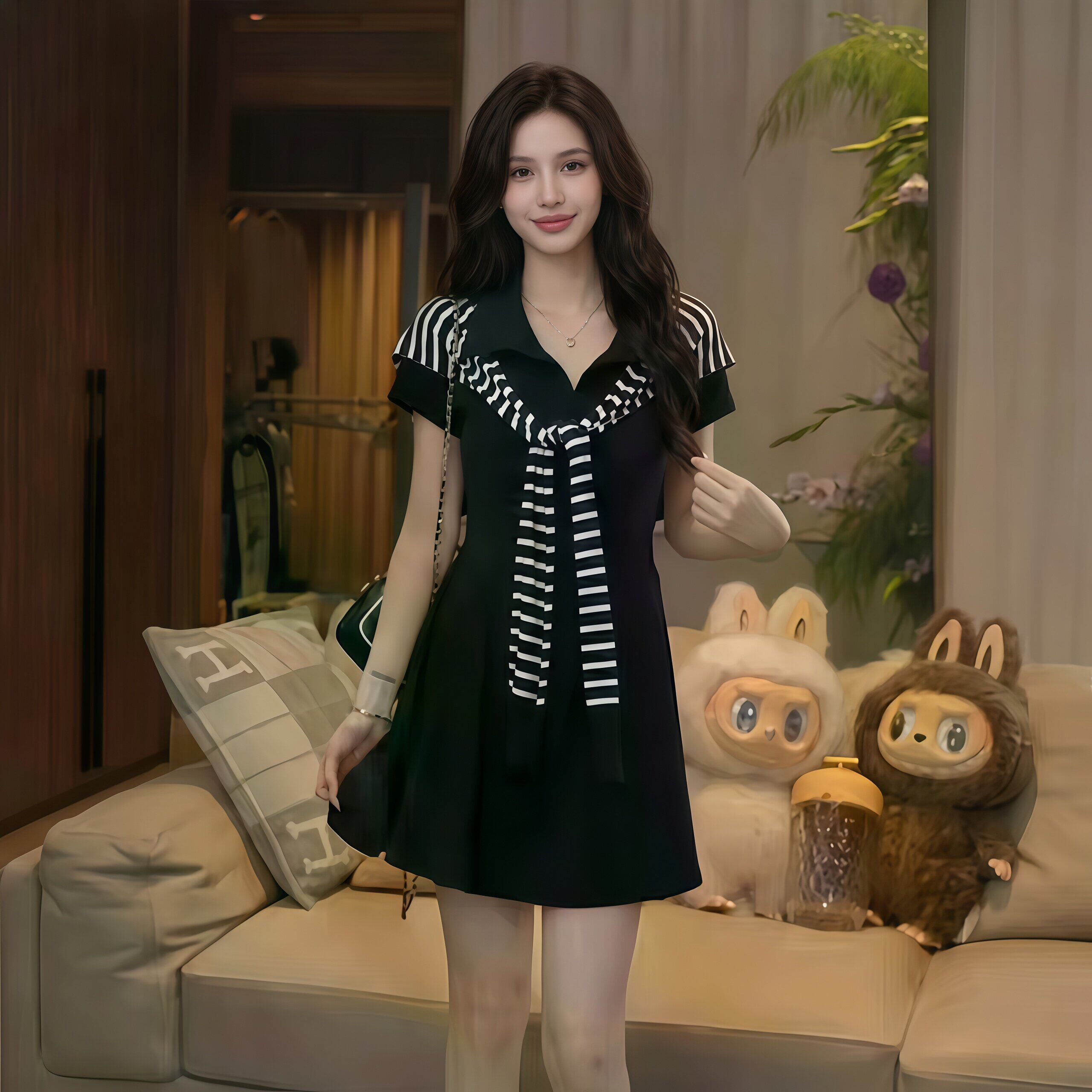 专柜正品学院风POLO领连衣裙女装黑色收腰显瘦条纹披肩裙减龄2026