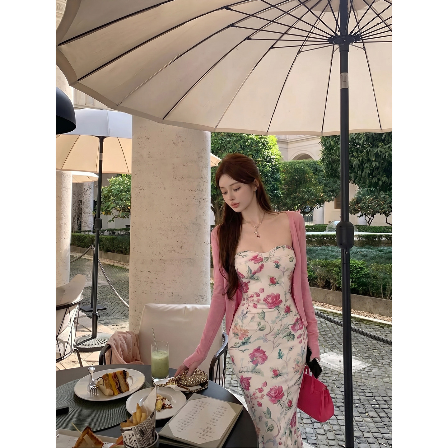 专柜正品法式浪漫风抹胸连衣裙女夏季针织开衫碎花收腰包臀中长款
