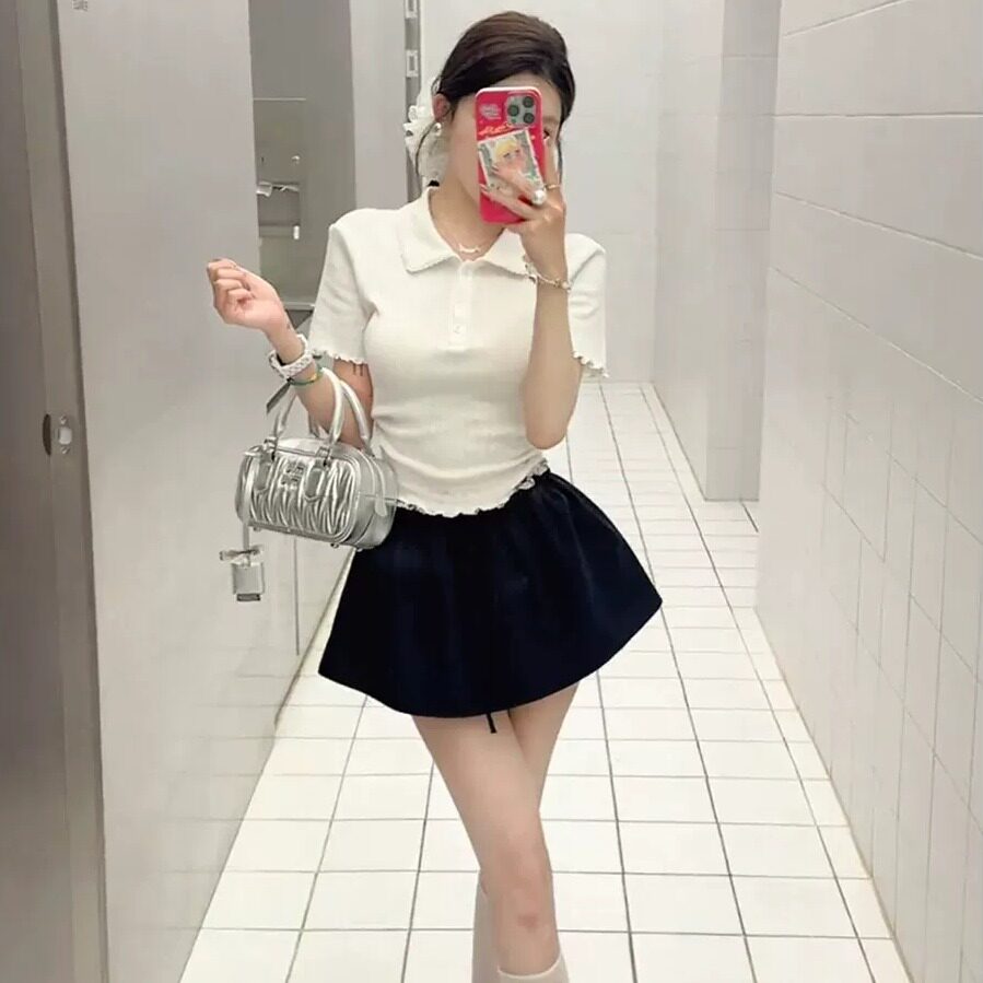 专柜正品学院风白色翻领正肩短袖T恤女夏季设计感小众修身卷边pol