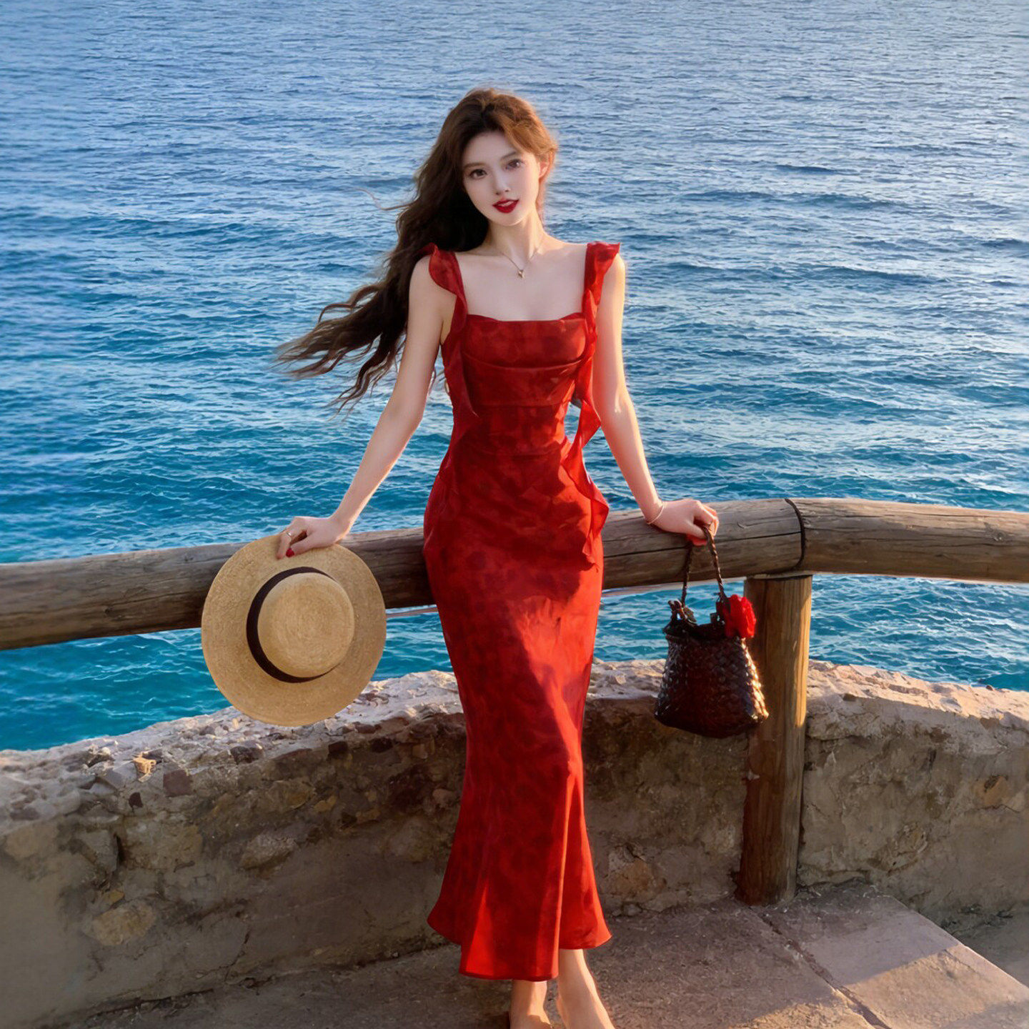专柜正品26夏日穿搭海边度假连衣裙御姐独特绝美红色修身包臀鱼尾